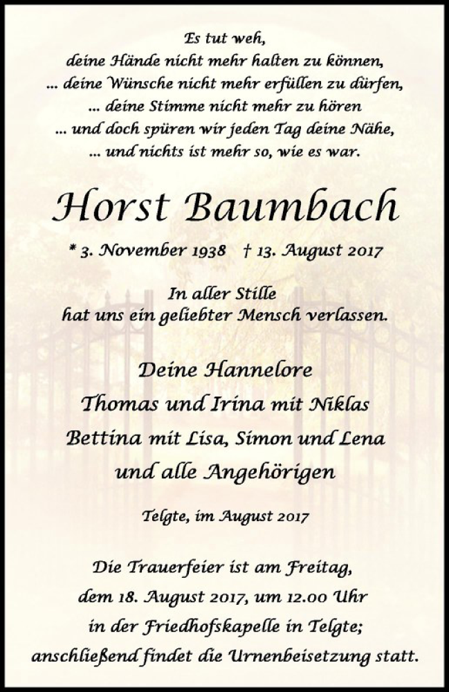  Traueranzeige für Horst Baumbach vom 16.08.2017 aus Westfälische Nachrichten