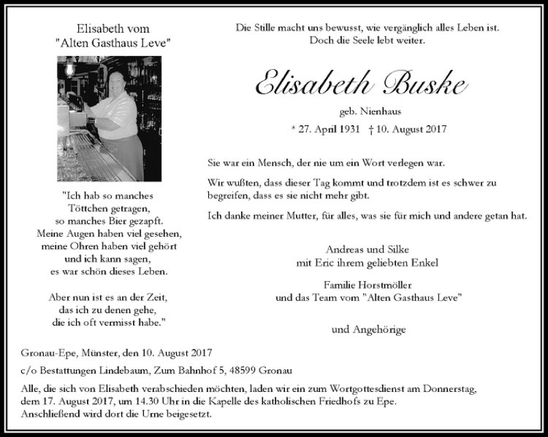  Traueranzeige für Elisabeth Buske vom 15.08.2017 aus Westfälische Nachrichten