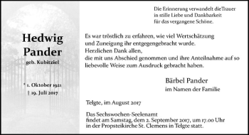 Anzeige von Hedwig Pander von Westfälische Nachrichten
