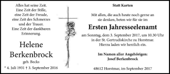 Anzeige von Helene Berkenbrock von Westfälische Nachrichten