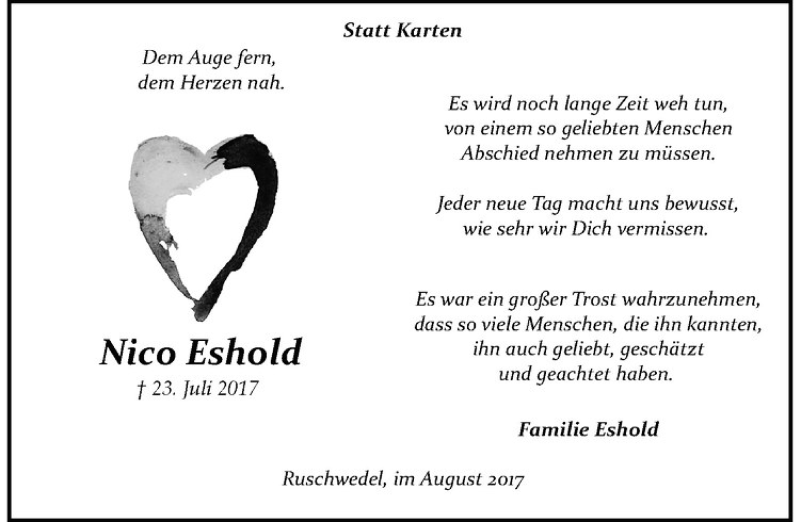  Traueranzeige für Nico Eshold vom 26.08.2017 aus Westfälische Nachrichten