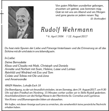 Anzeige von Rudolf Wehrmann von Westfälische Nachrichten