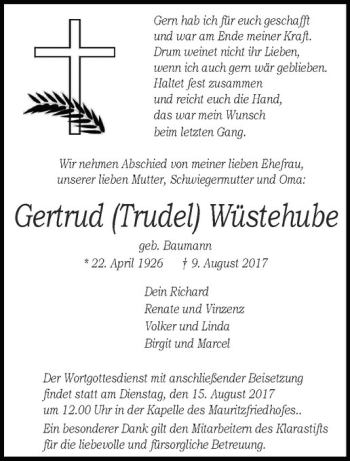 Anzeige von Gertrud Wüstehube von Westfälische Nachrichten