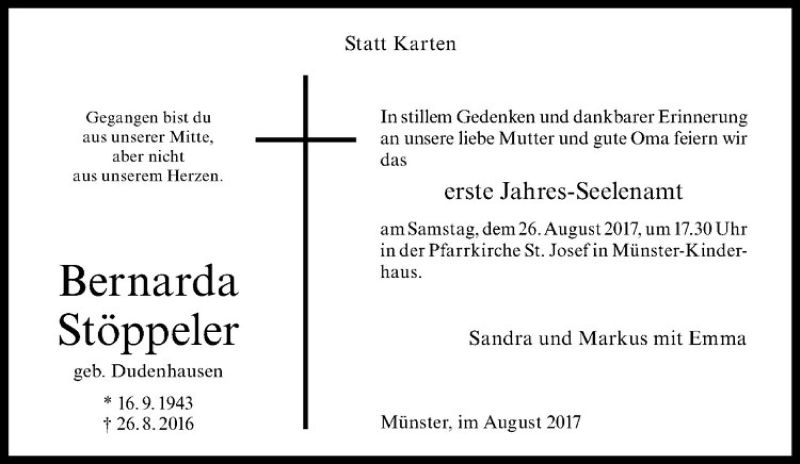  Traueranzeige für Bernarda Stöppeler vom 19.08.2017 aus Westfälische Nachrichten