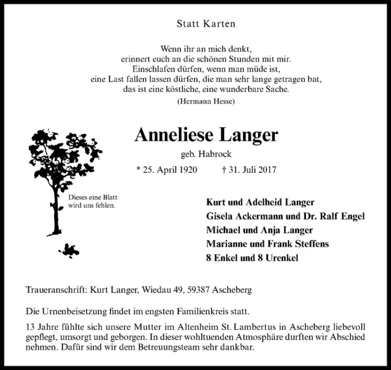  Traueranzeige für Anneliese Langer vom 05.08.2017 aus Westfälische Nachrichten