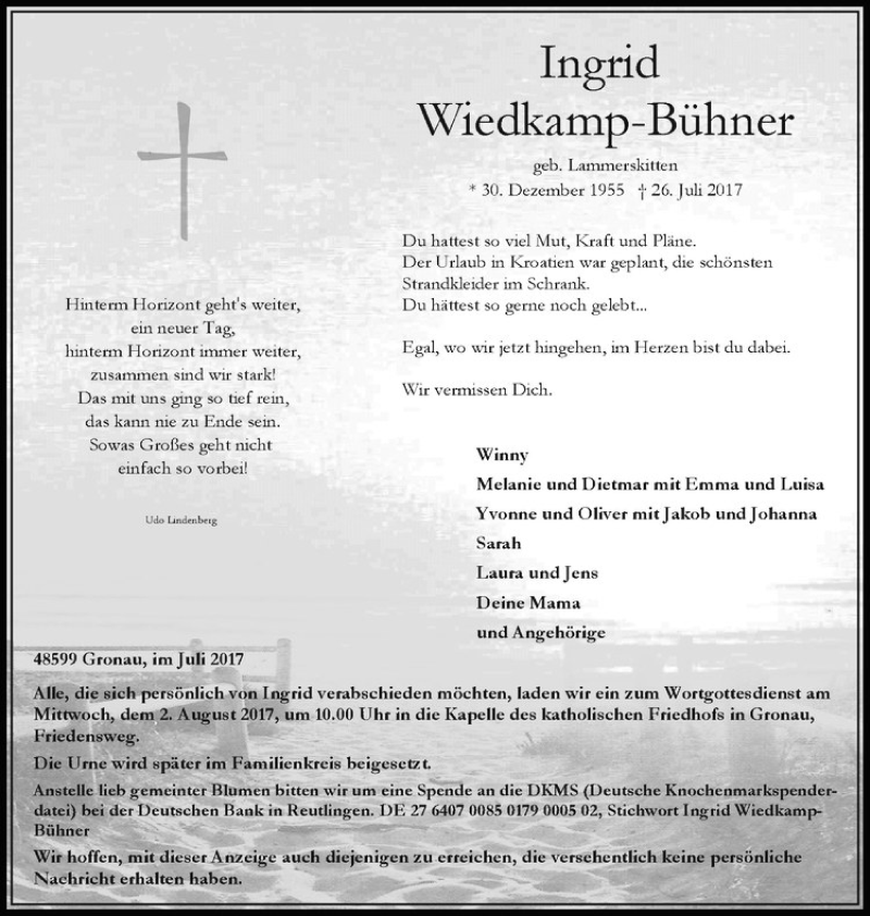  Traueranzeige für Ingrid Wiedkamp-Bühner vom 01.08.2017 aus Westfälische Nachrichten
