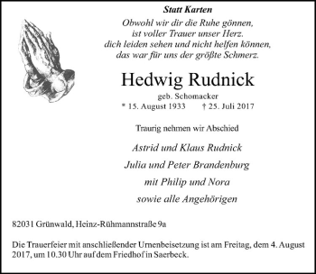 Anzeige von Hedwig Rudnick von Westfälische Nachrichten