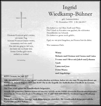 Anzeige von Ingrid Wiedkamp-Bühner von Westfälische Nachrichten
