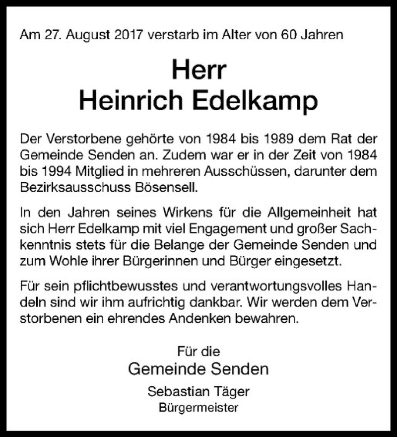  Traueranzeige für Heinrich Edelkamp vom 31.08.2017 aus Westfälische Nachrichten