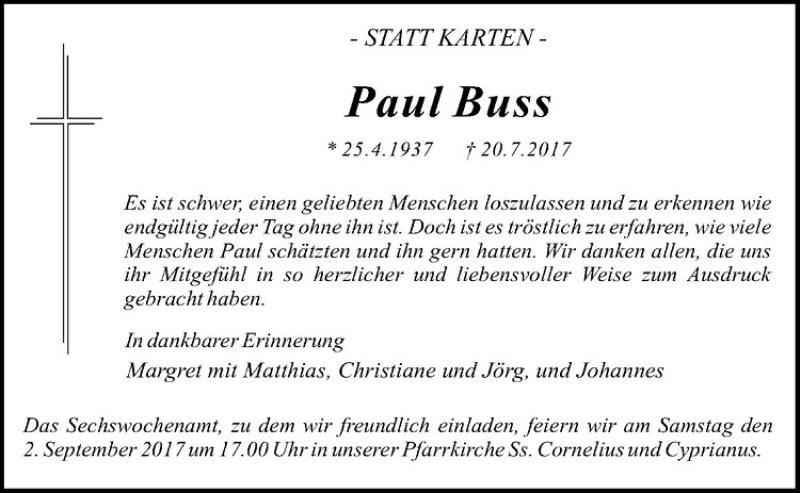  Traueranzeige für Paul Buss vom 31.08.2017 aus Westfälische Nachrichten