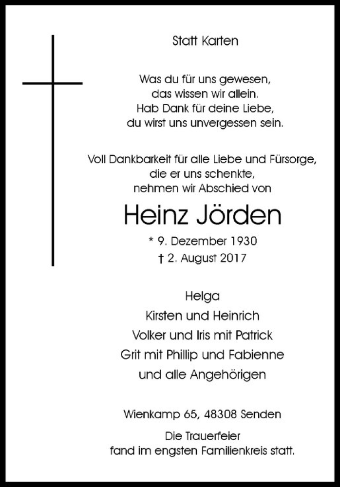  Traueranzeige für Heinz Jörden vom 12.08.2017 aus Westfälische Nachrichten