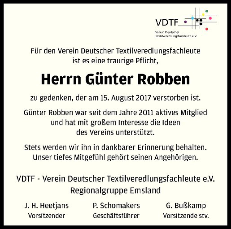  Traueranzeige für Günter Robben vom 21.08.2017 aus Westfälische Nachrichten