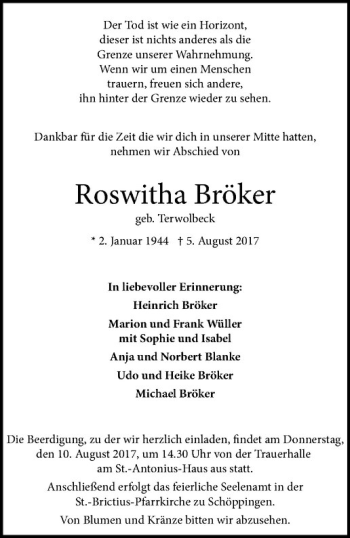 Anzeige von Roswitha Bröker von Westfälische Nachrichten