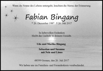 Anzeige von Fabian Bingang von Westfälische Nachrichten