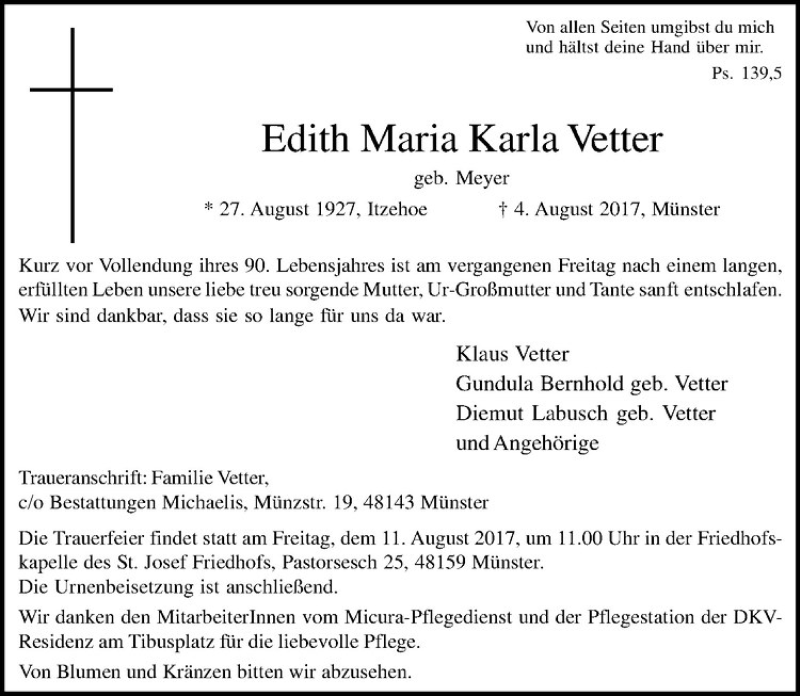  Traueranzeige für Edith Maria Karla Vetter vom 09.08.2017 aus Westfälische Nachrichten