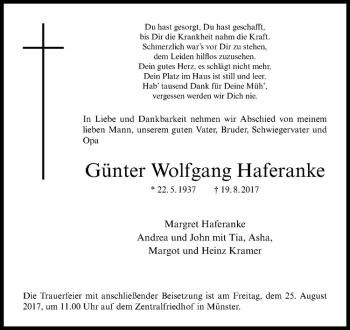 Anzeige von Günter Wolfgang Haferanke von Westfälische Nachrichten