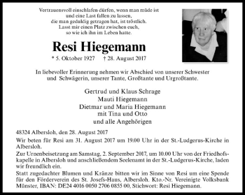 Anzeige von Resi Hiegemann von Westfälische Nachrichten