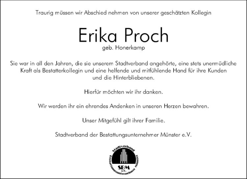  Traueranzeige für Erika Proch vom 23.08.2017 aus Westfälische Nachrichten
