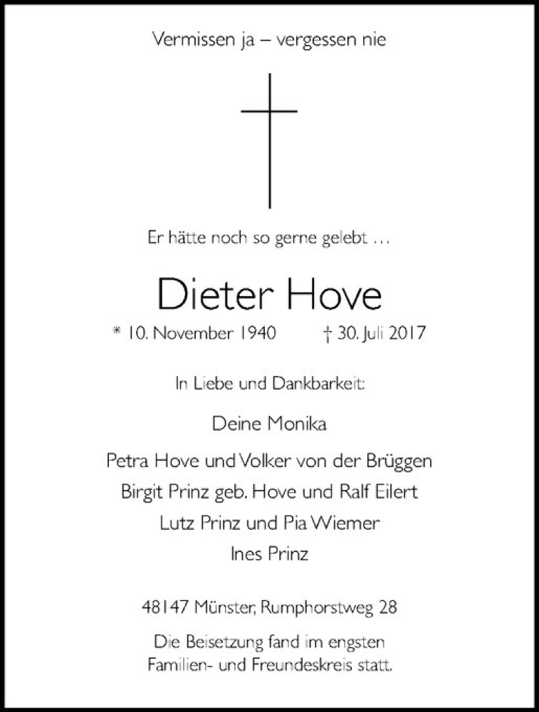  Traueranzeige für Dieter Hove vom 09.08.2017 aus Westfälische Nachrichten