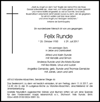 Anzeige von Felix Runde von Westfälische Nachrichten