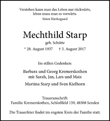 Anzeige von Mechthild Starp von Westfälische Nachrichten