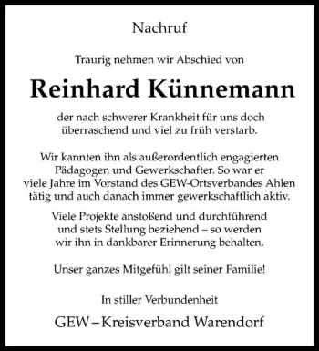 Anzeige von Reinhard Künnemann von Westfälische Nachrichten