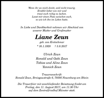 Anzeige von Liane Zeun von Westfälische Nachrichten