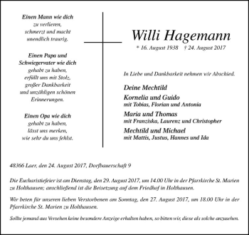 Anzeige von Willi Hagemann von Westfälische Nachrichten