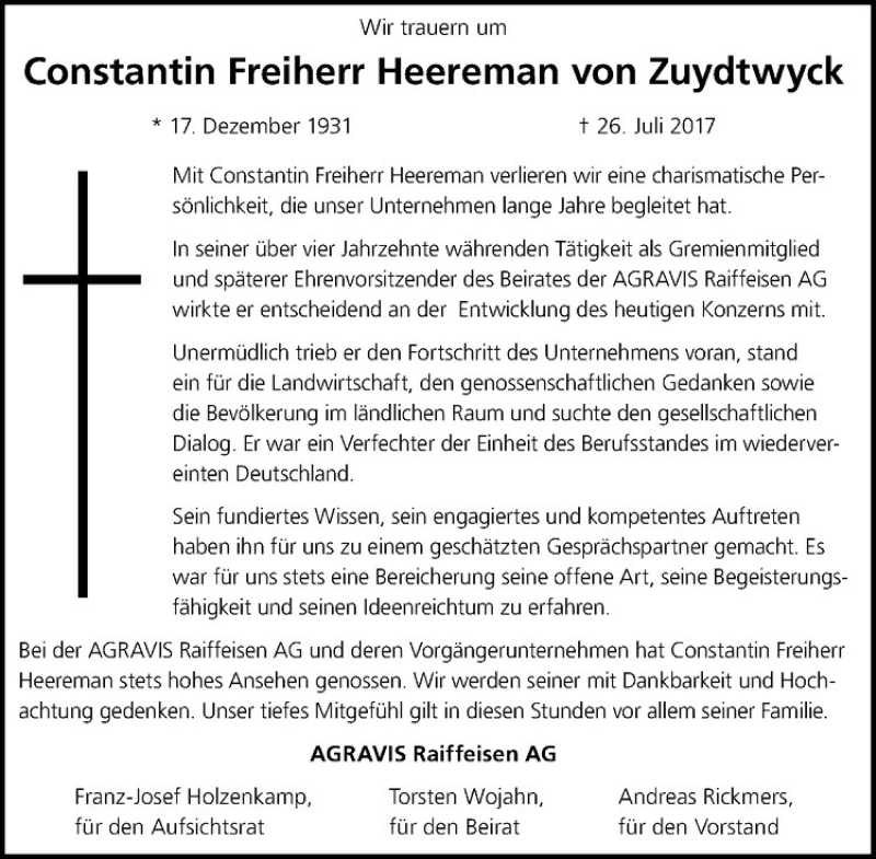 Traueranzeige für Constantin Freiherr Heereman von Zuydtwyck vom 01.08.2017 aus Westfälische Nachrichten