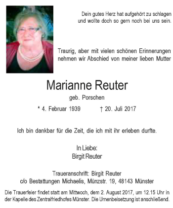 Anzeige von Marianne Reuter von Westfälische Nachrichten