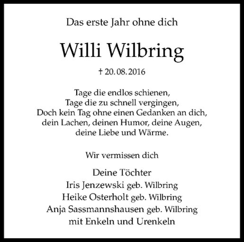  Traueranzeige für Willi Wilbring vom 19.08.2017 aus Westfälische Nachrichten