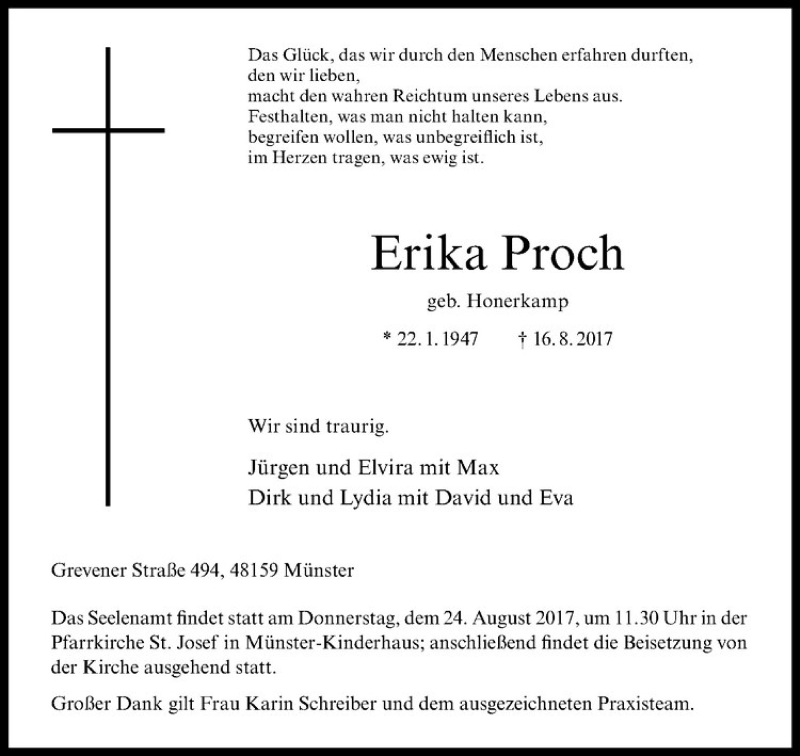  Traueranzeige für Erika Proch vom 19.08.2017 aus Westfälische Nachrichten