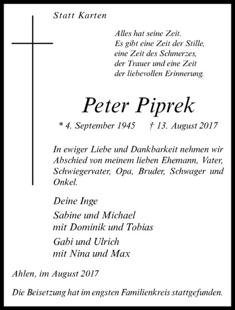  Traueranzeige für Peter Piprek vom 24.08.2017 aus Westfälische Nachrichten