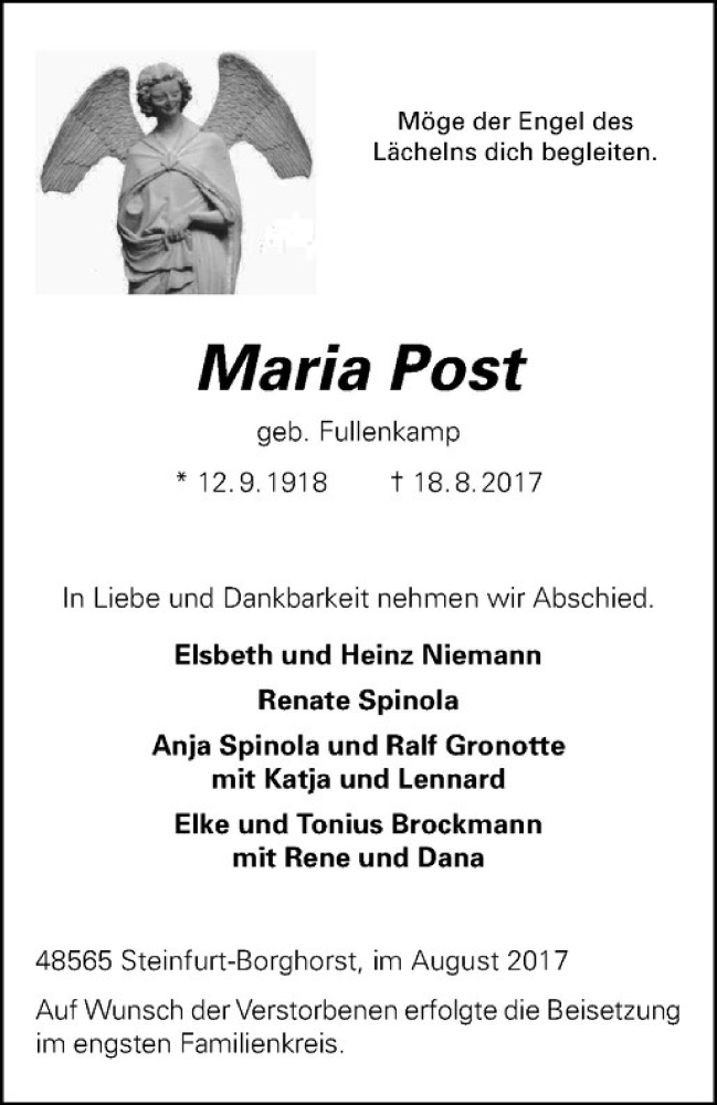  Traueranzeige für Maria Post vom 26.08.2017 aus Westfälische Nachrichten