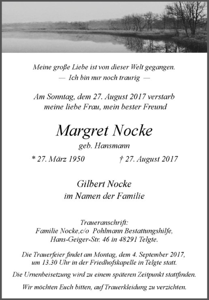  Traueranzeige für Margret Nocke vom 30.08.2017 aus Westfälische Nachrichten