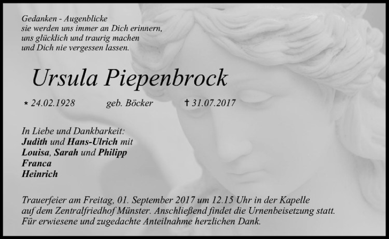 Traueranzeige für Ursula Piepenbrock vom 09.08.2017 aus Westfälische Nachrichten