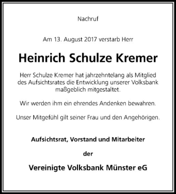 Anzeige von Heinrich Schulze Kremer von Westfälische Nachrichten