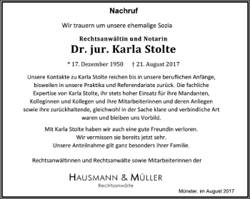 Anzeige von Karla Stolte von Westfälische Nachrichten