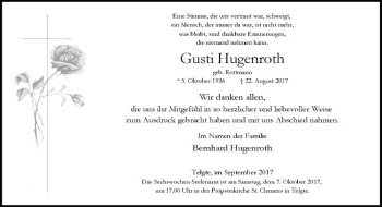 Anzeige von Gusti Hugenroth von Westfälische Nachrichten