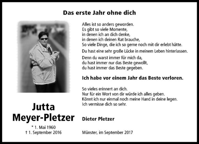  Traueranzeige für Jutta Meyer-Pletzer vom 02.09.2017 aus Westfälische Nachrichten
