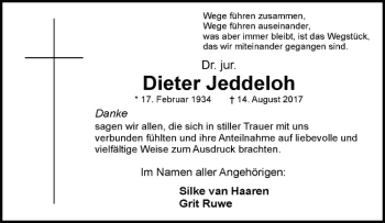 Anzeige von Dieter Jeddeloh von Westfälische Nachrichten