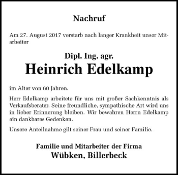 Anzeige von Heinrich Edelkamp von Westfälische Nachrichten