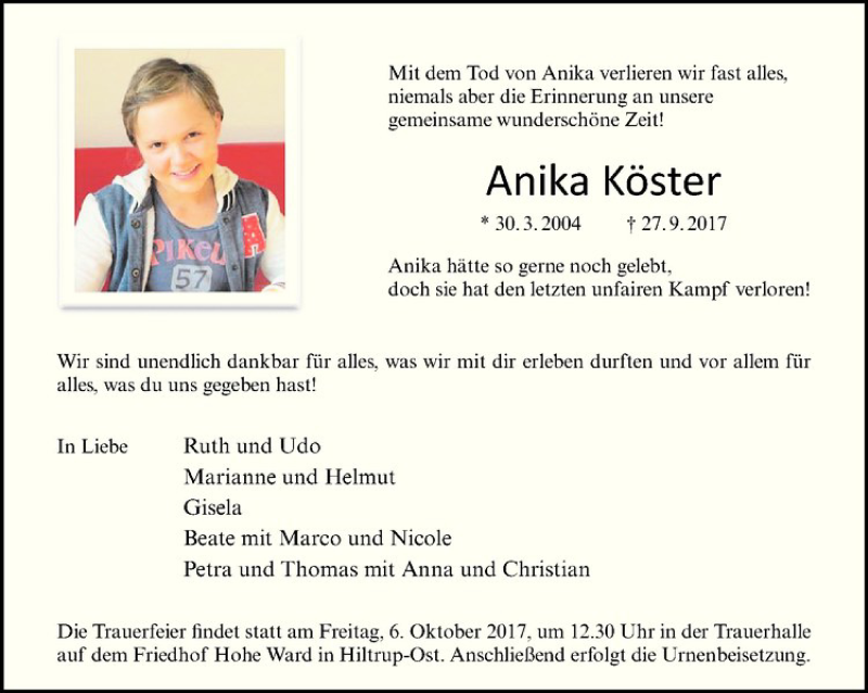  Traueranzeige für Anika Köster vom 30.09.2017 aus Westfälische Nachrichten