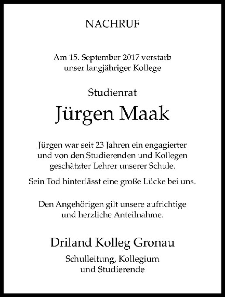  Traueranzeige für Jürgen Maak vom 23.09.2017 aus Westfälische Nachrichten
