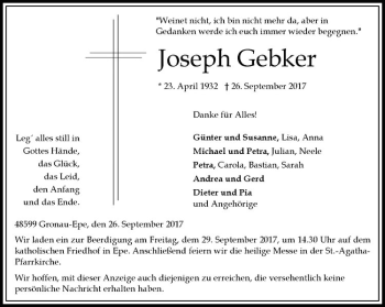 Anzeige von Joseph Gebker von Westfälische Nachrichten