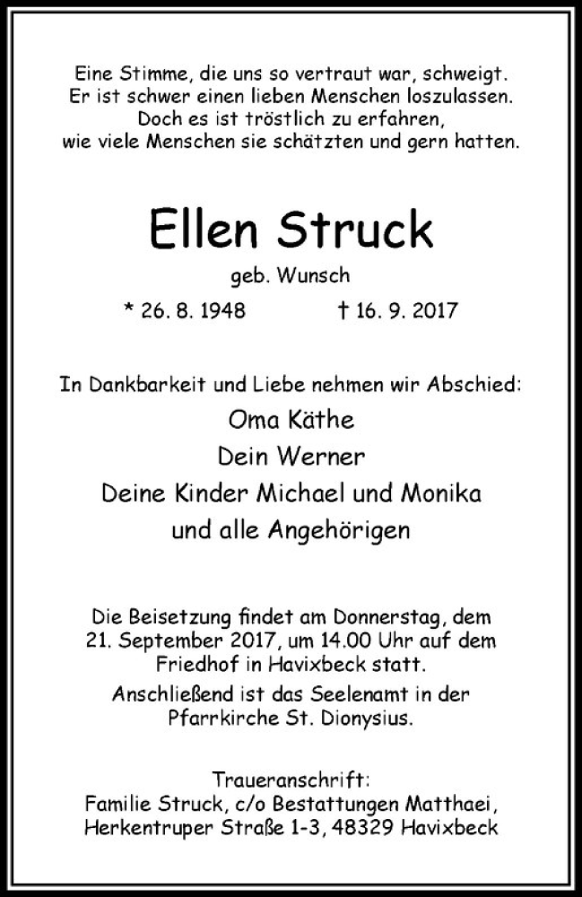  Traueranzeige für Ellen Struck vom 20.09.2017 aus Westfälische Nachrichten