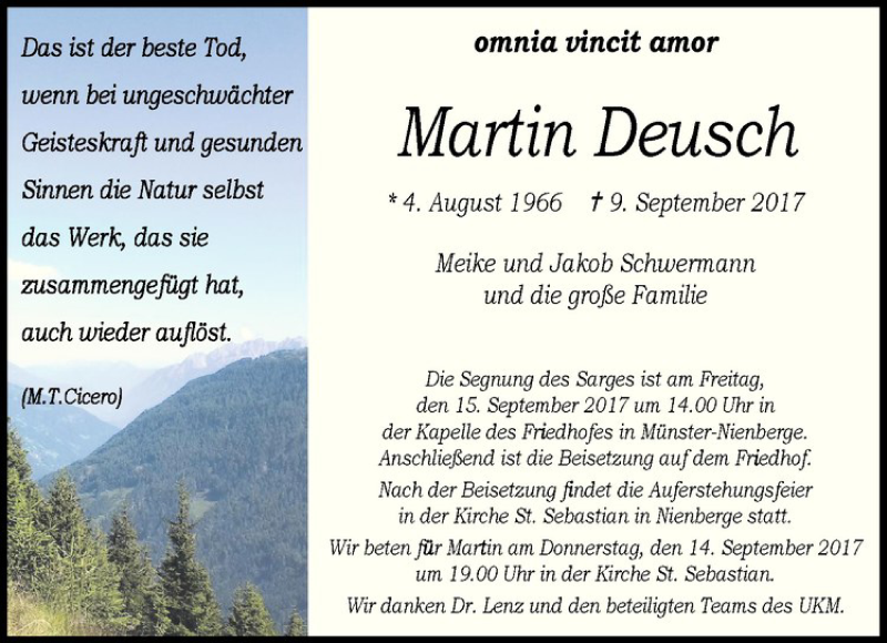  Traueranzeige für Martin Deusch vom 13.09.2017 aus Westfälische Nachrichten