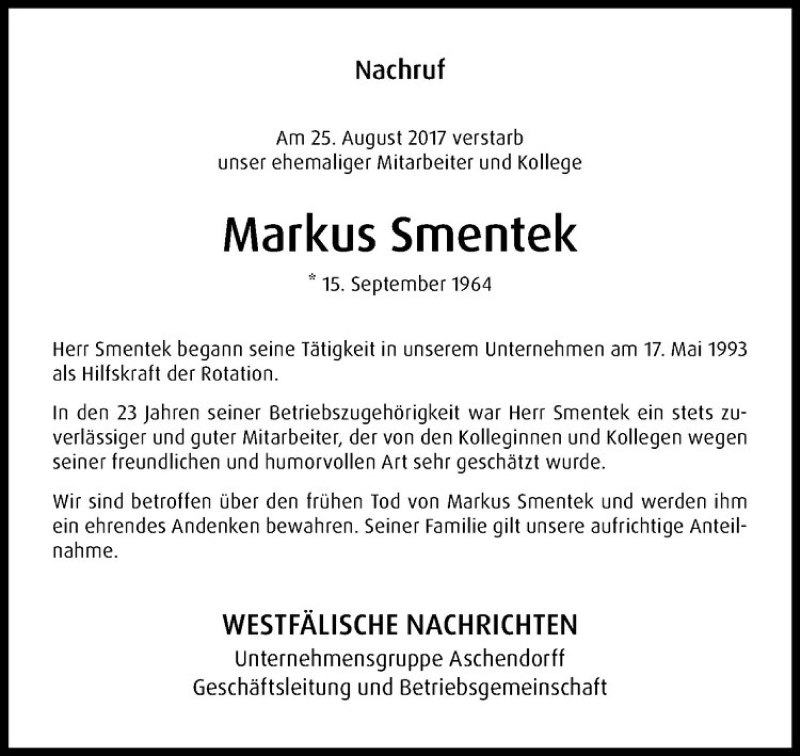  Traueranzeige für Markus Smentek vom 09.09.2017 aus Westfälische Nachrichten