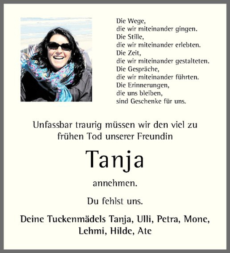  Traueranzeige für Tanja Unland vom 20.09.2017 aus Westfälische Nachrichten