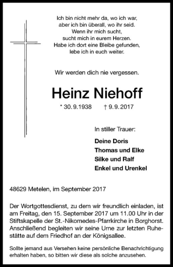 Anzeige von Heinz Niehoff von Westfälische Nachrichten